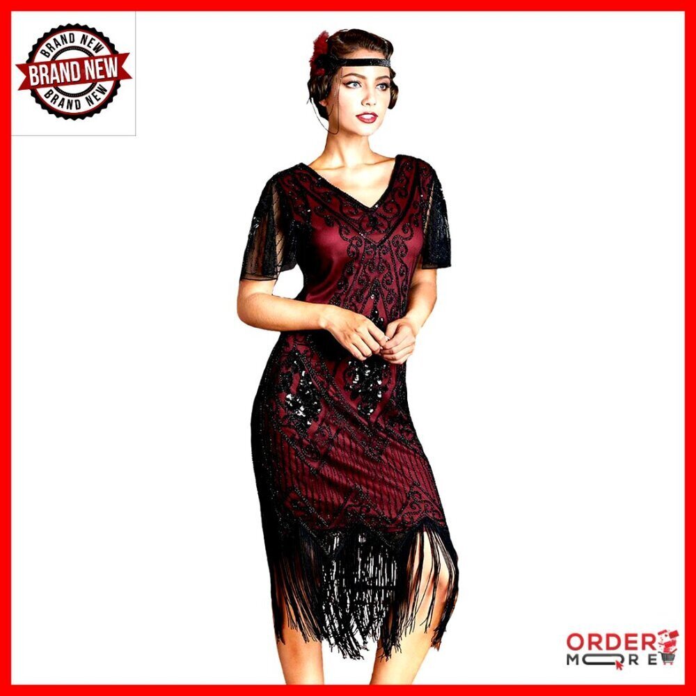 1920s Flapper Dress Sequins Art Deco Gatsby Cocktail V-Neck Sleeve